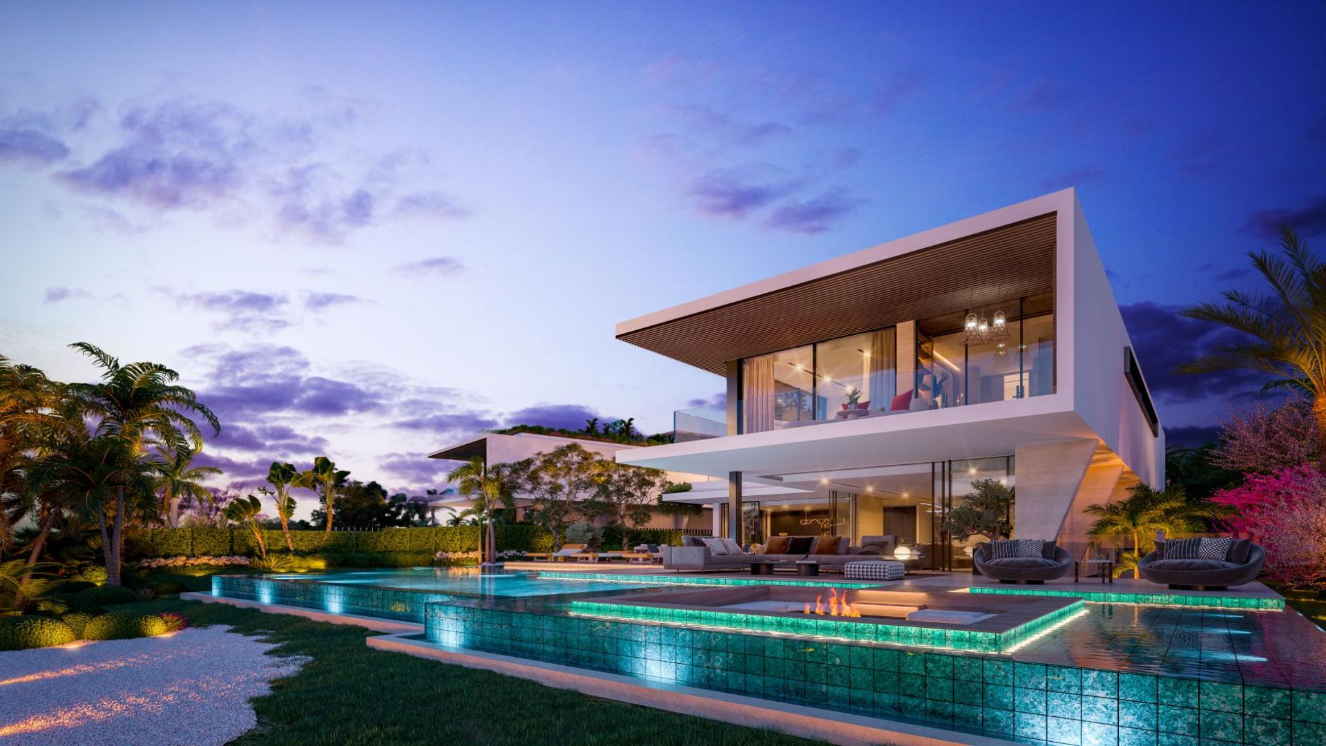 Contemporary 5-bedroom villa for sale in Marbella, featuring modern architecture and lush gardens