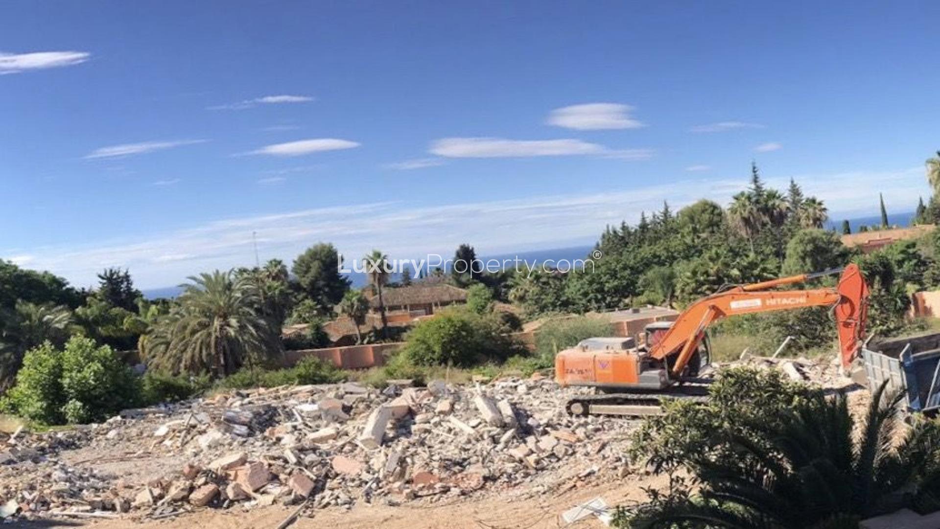 Construction site in Marbella Golden Mile for 7-bedroom villa development, scenic surroundings