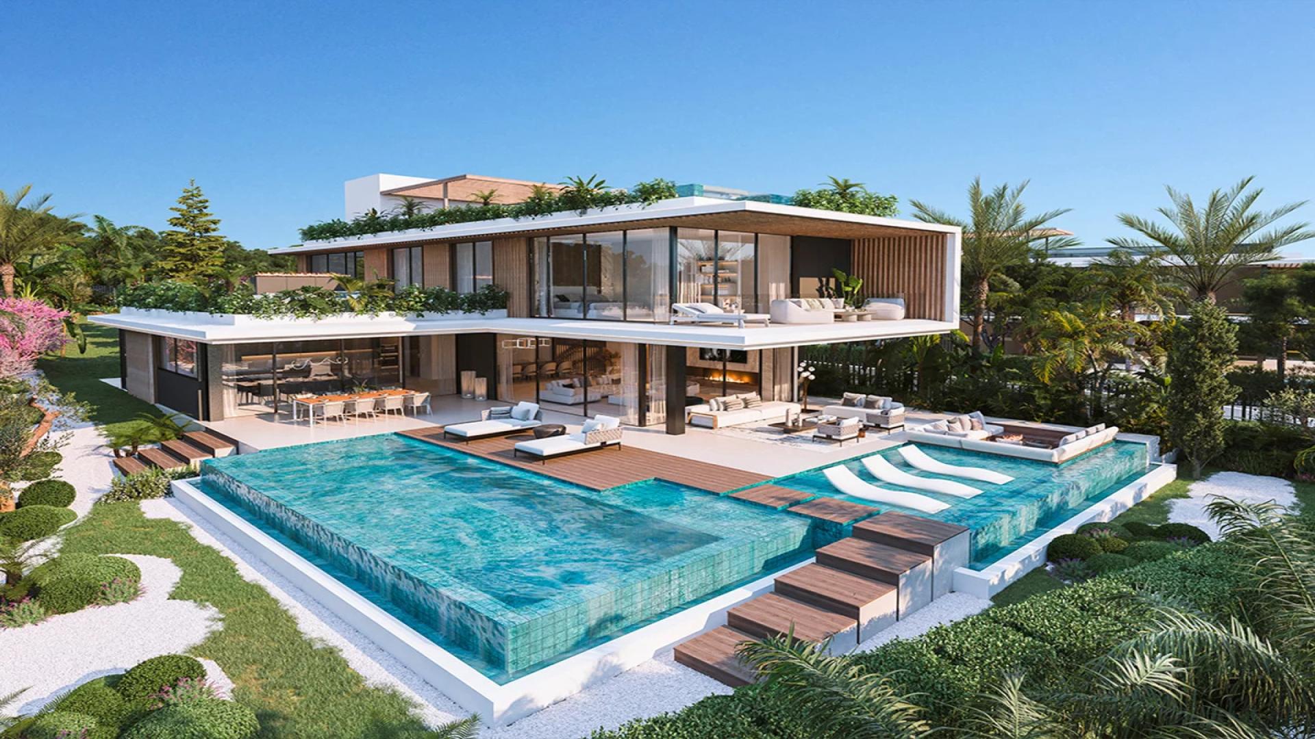 Exclusive luxury villa exterior with modern design, large windows, and lush greenery in Marbella