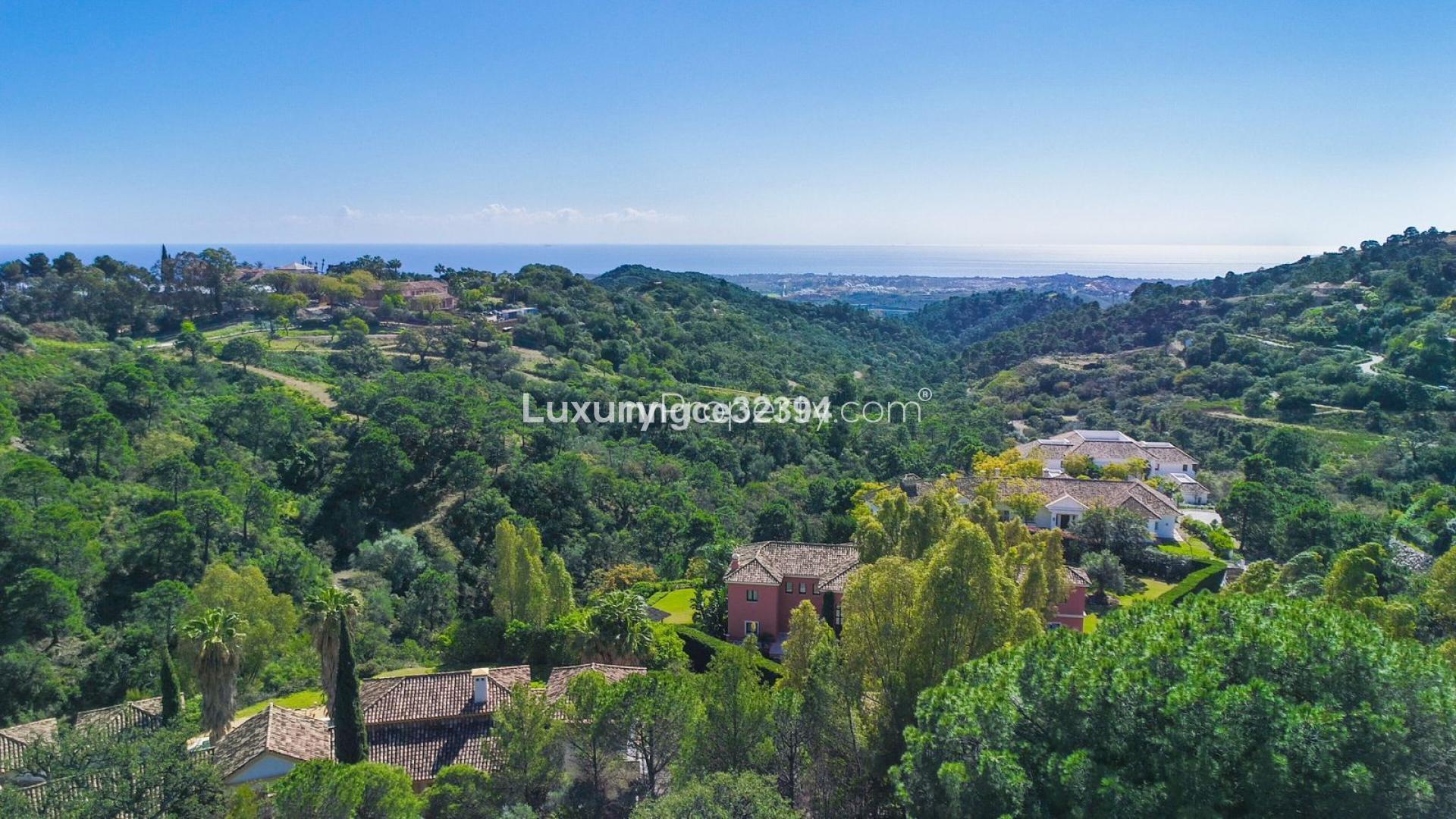 Exclusive modern villa exterior with palm trees in La Zagaleta, Benahavís, Málaga