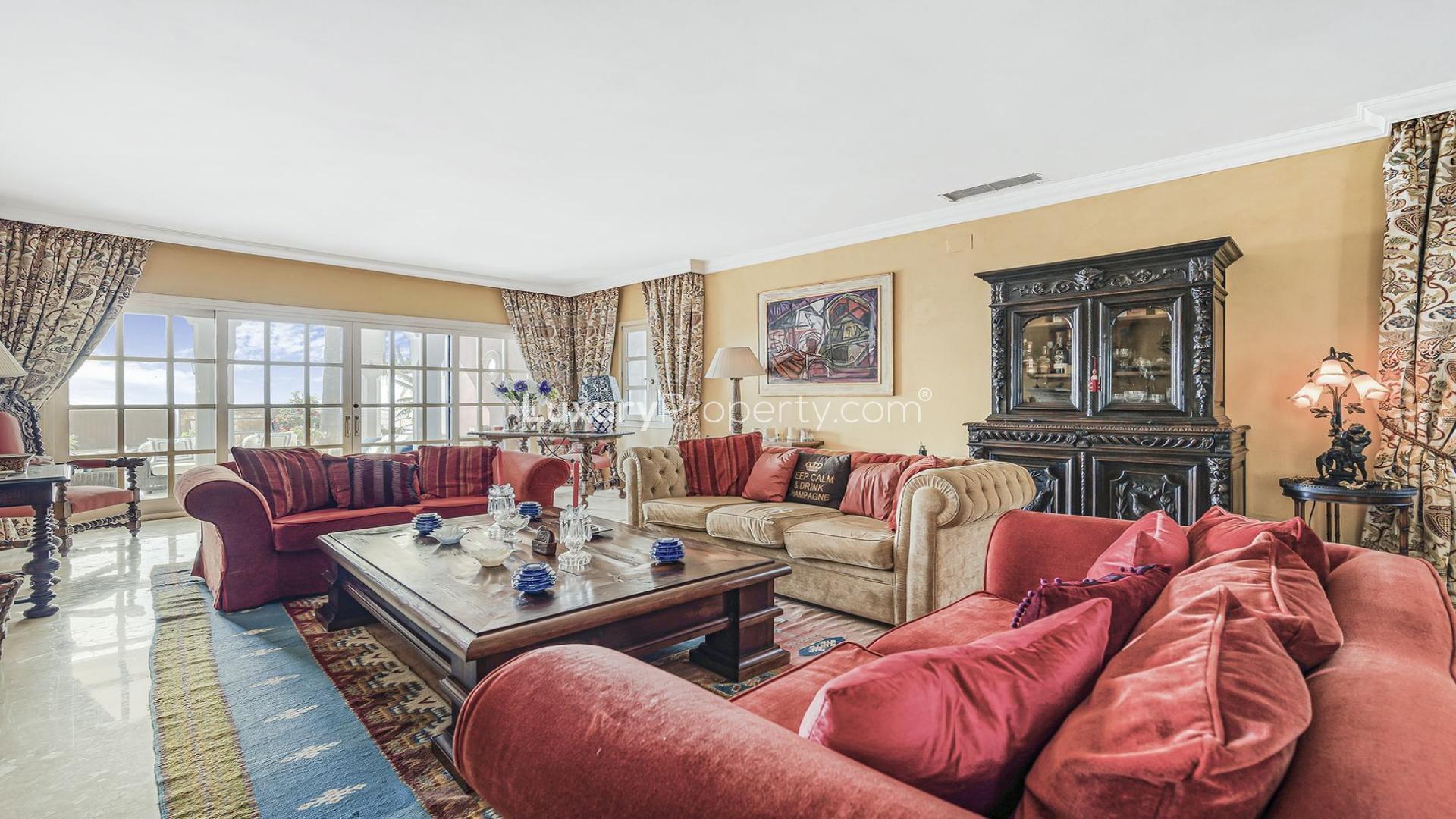 Luxurious living room in Moorish-inspired villa, Marbella Golden Mile, with elegant decor