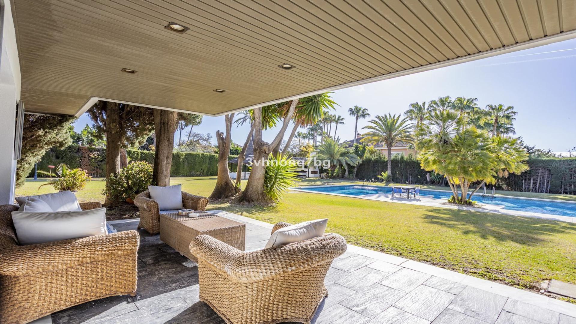 Aerial view of elegant villa with pool in Guadalmina Baja, Marbella, for sale