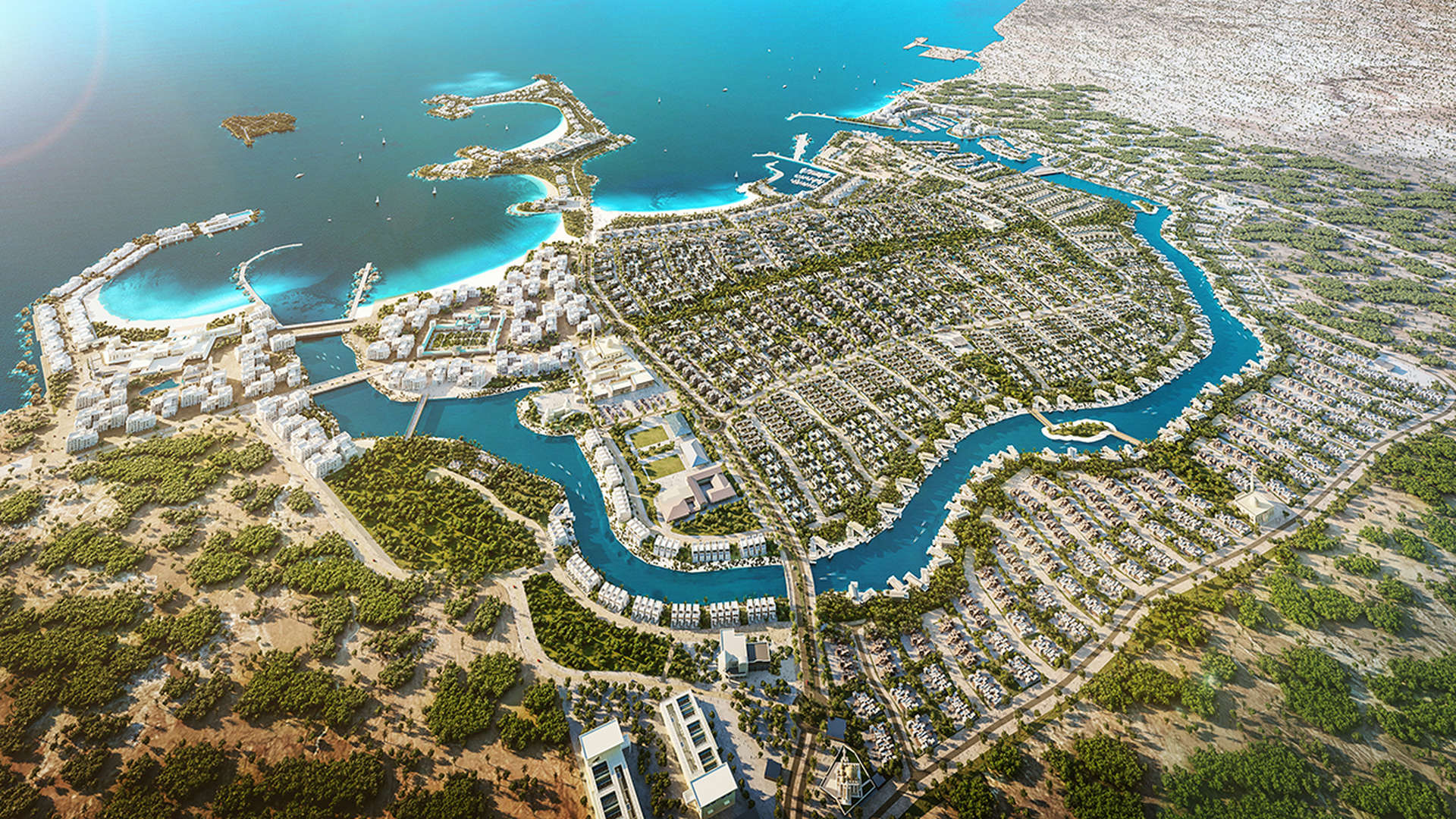Aerial view of Al Jurf Gardens community with lush landscapes and waterfront areas.