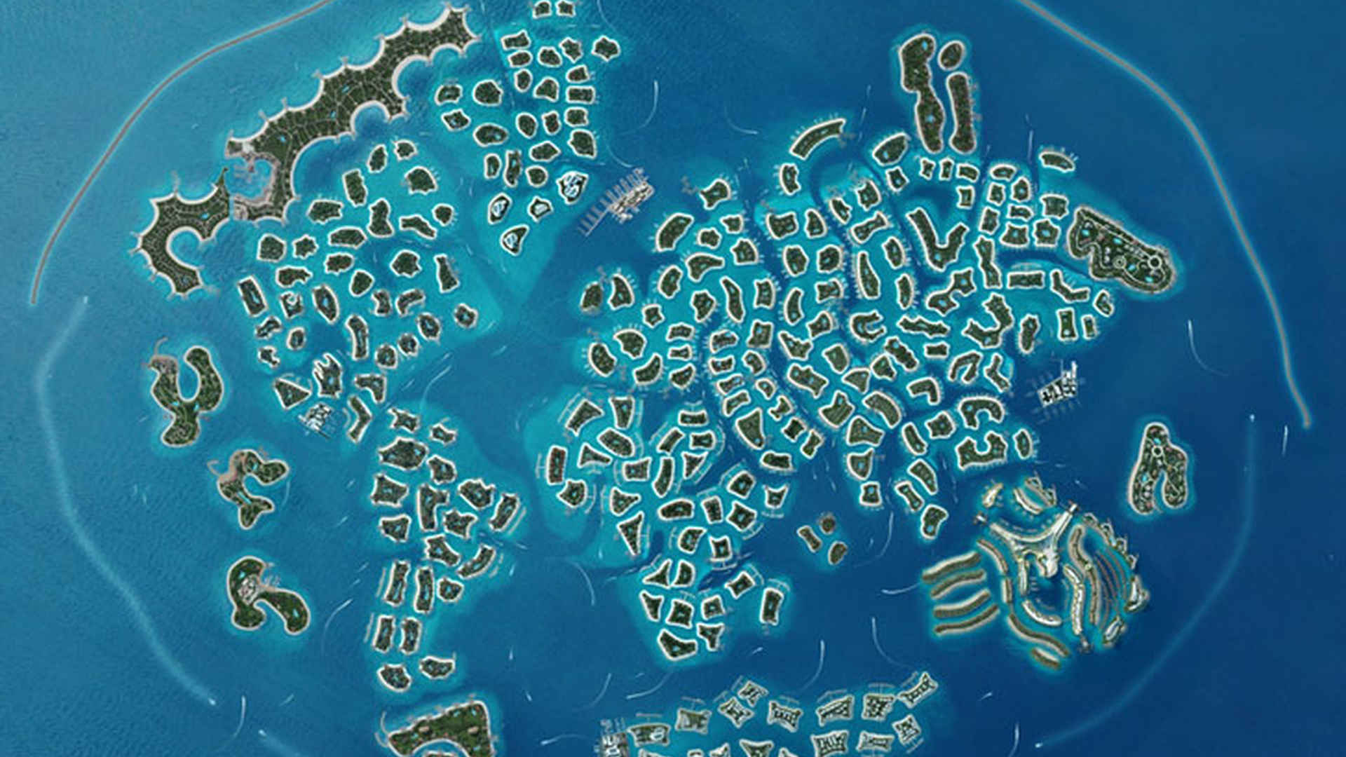 Aerial view of Colombia Island for sale at The World Islands, exclusive opportunity