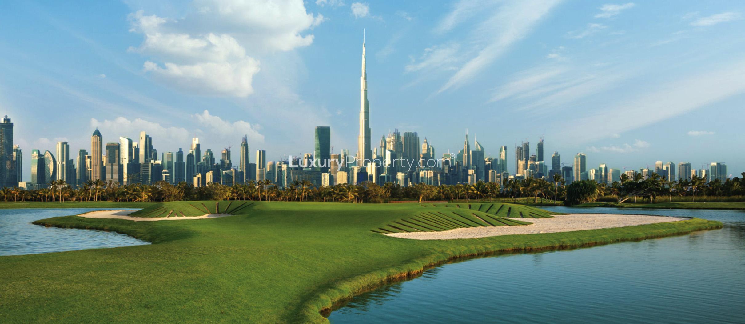 Aerial view of Dubai Hills View residential plots in lush green estate landscape