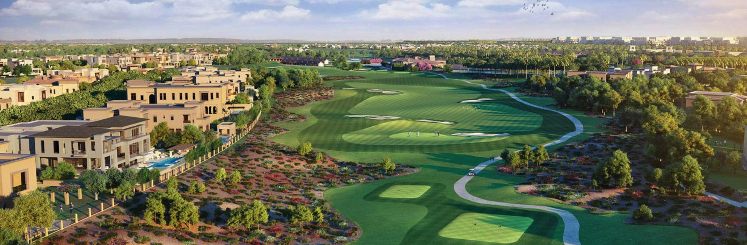 Aerial view of Dubai Hills Estate mansions surrounded by lush golf courses and greenery