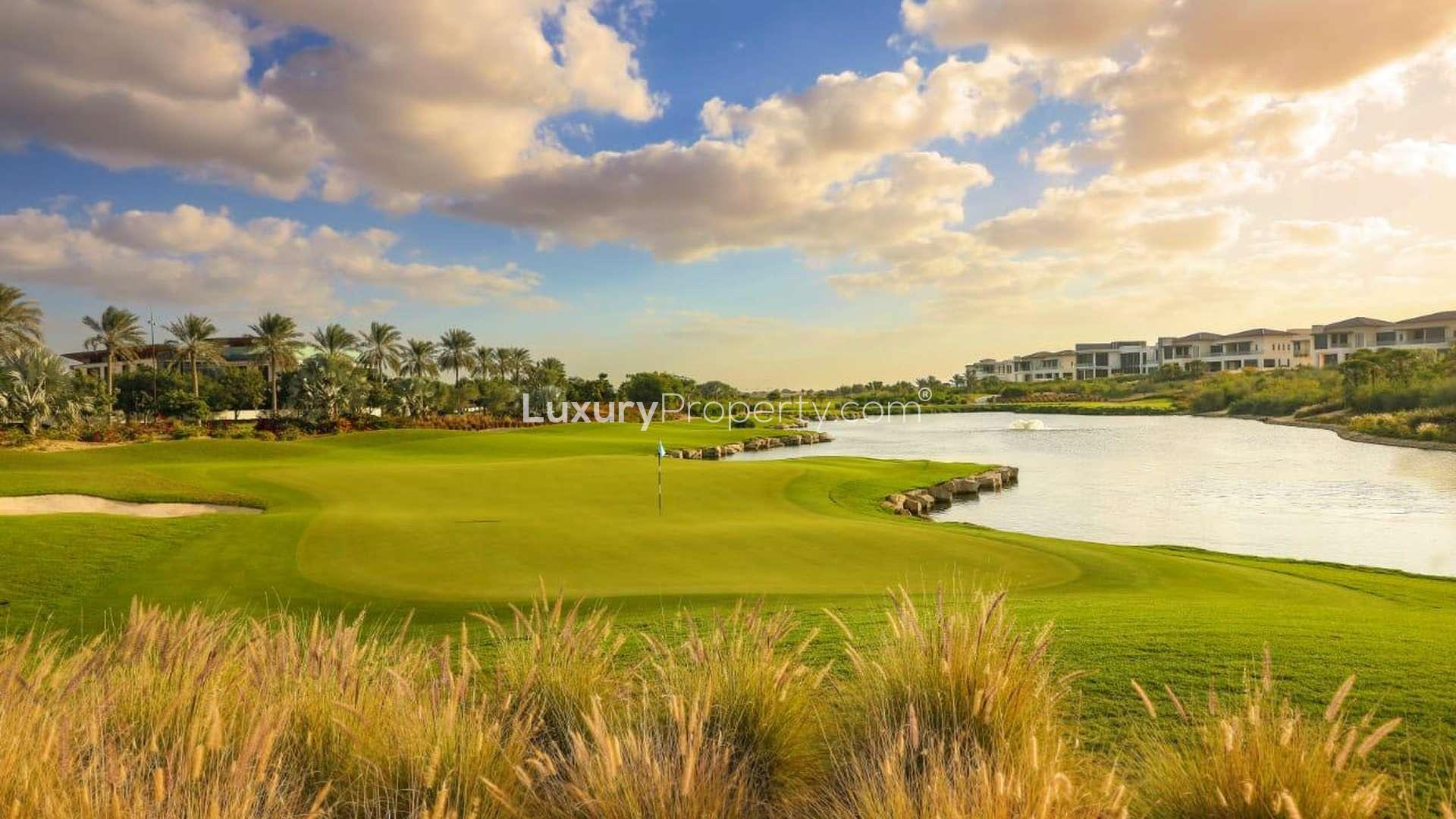 "Scenic golf course view at Dubai Hills Estate, Emerald Hills residential land for sale.",Residential land in Emerald Hills, Dubai Hills Estate, overlooking lush golf course and serene lake