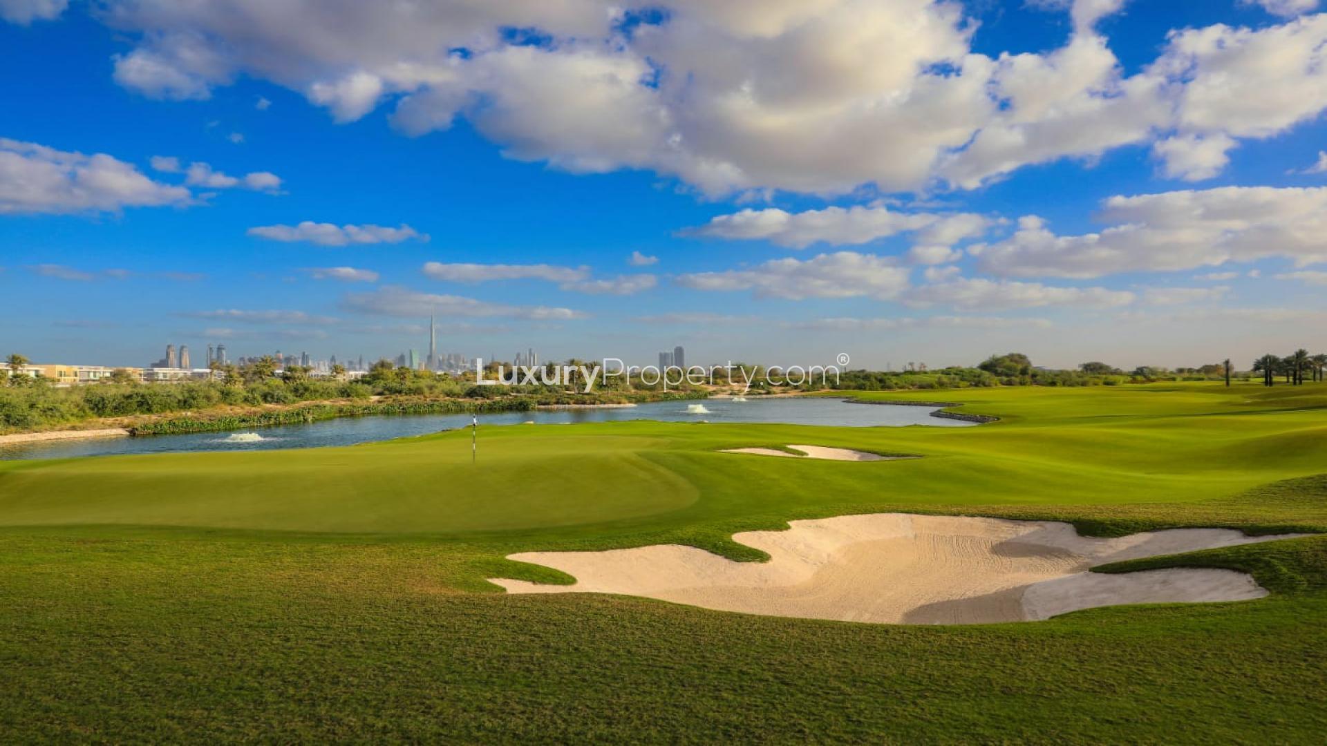 Golf course view at sunrise in Emerald Hills, Dubai Hills Estate, residential plot for sale