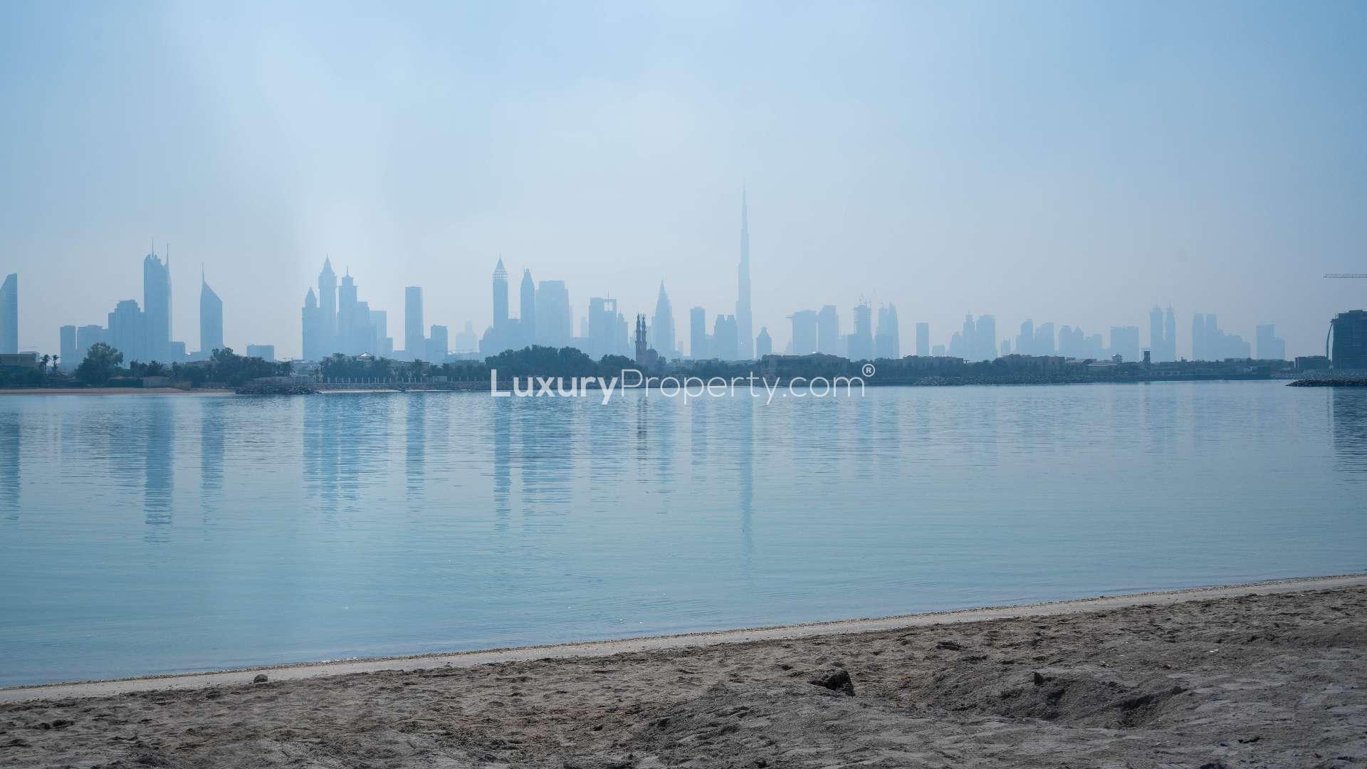 Alt text: "Skyline view from Pearl Jumeirah land plot near Nikki Beach Resort, Jumeirah.",Exquisite plot of land for sale on Pearl Jumeirah near Nikki Beach Resort
