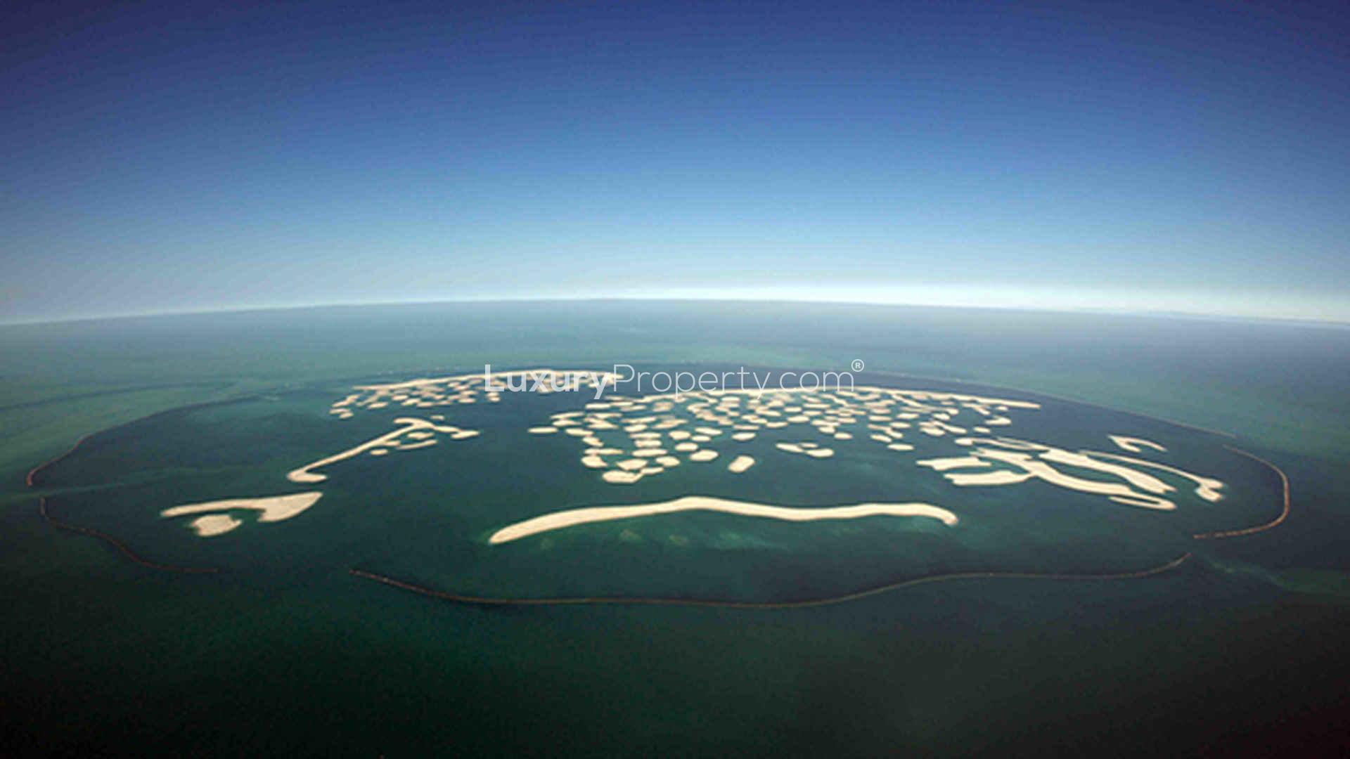 Aerial view of Venezuela Island, The World Islands, Dubai in turquoise sea