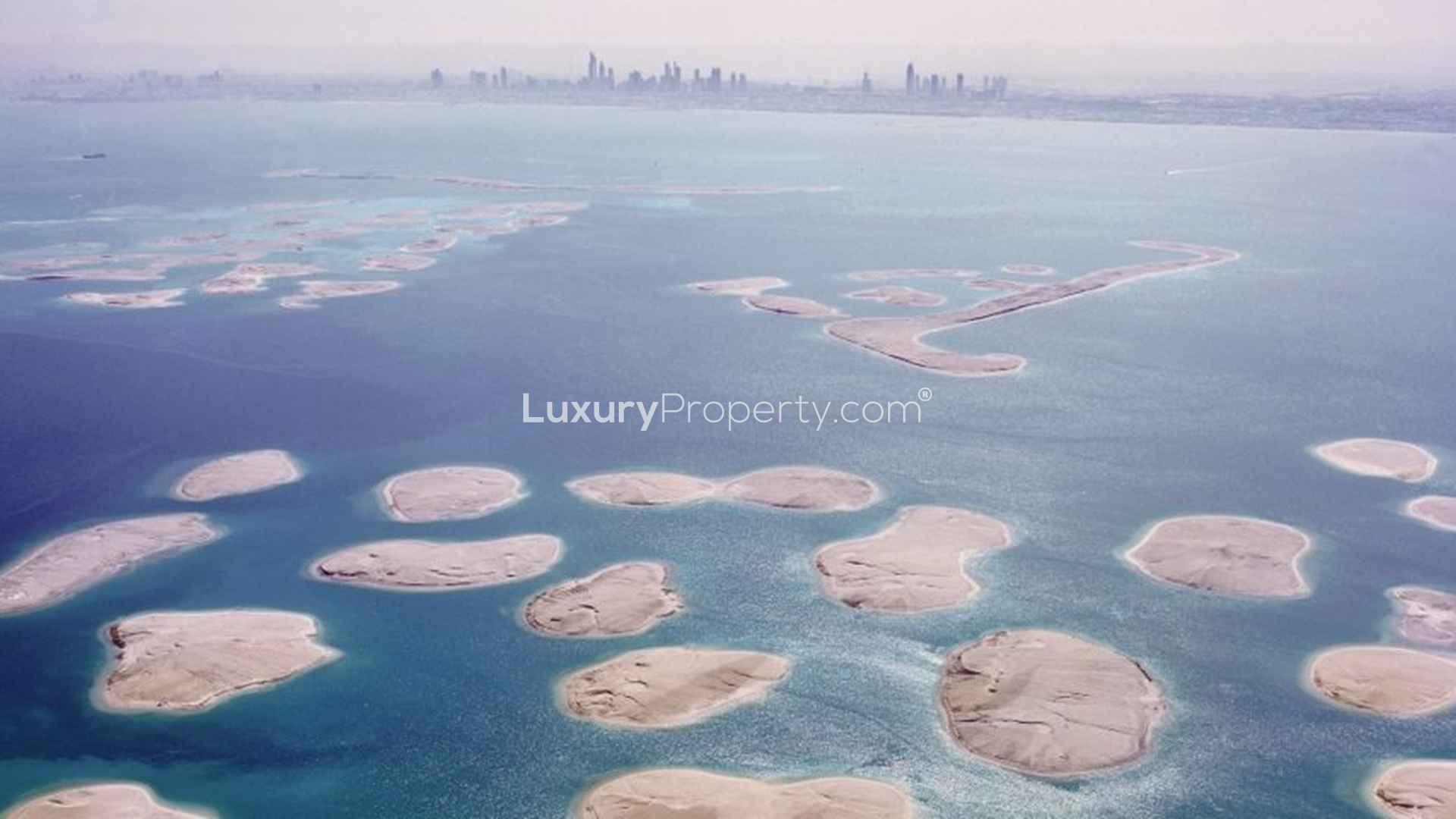 Aerial view of The World Islands, Dubai, featuring Venezuela Island for sale