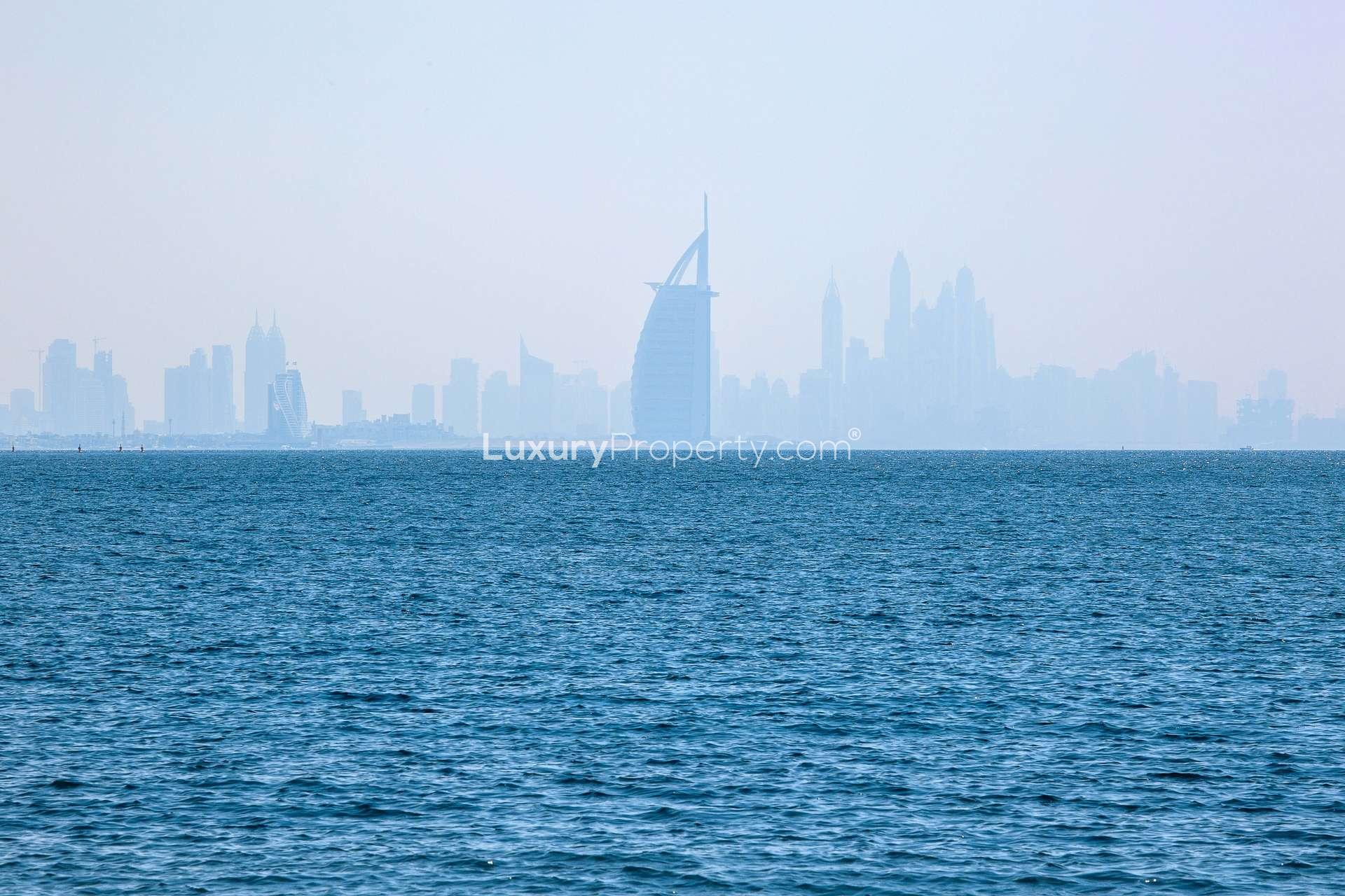 Dubai skyline view from Jumeirah Bay Island beachfront property for sale