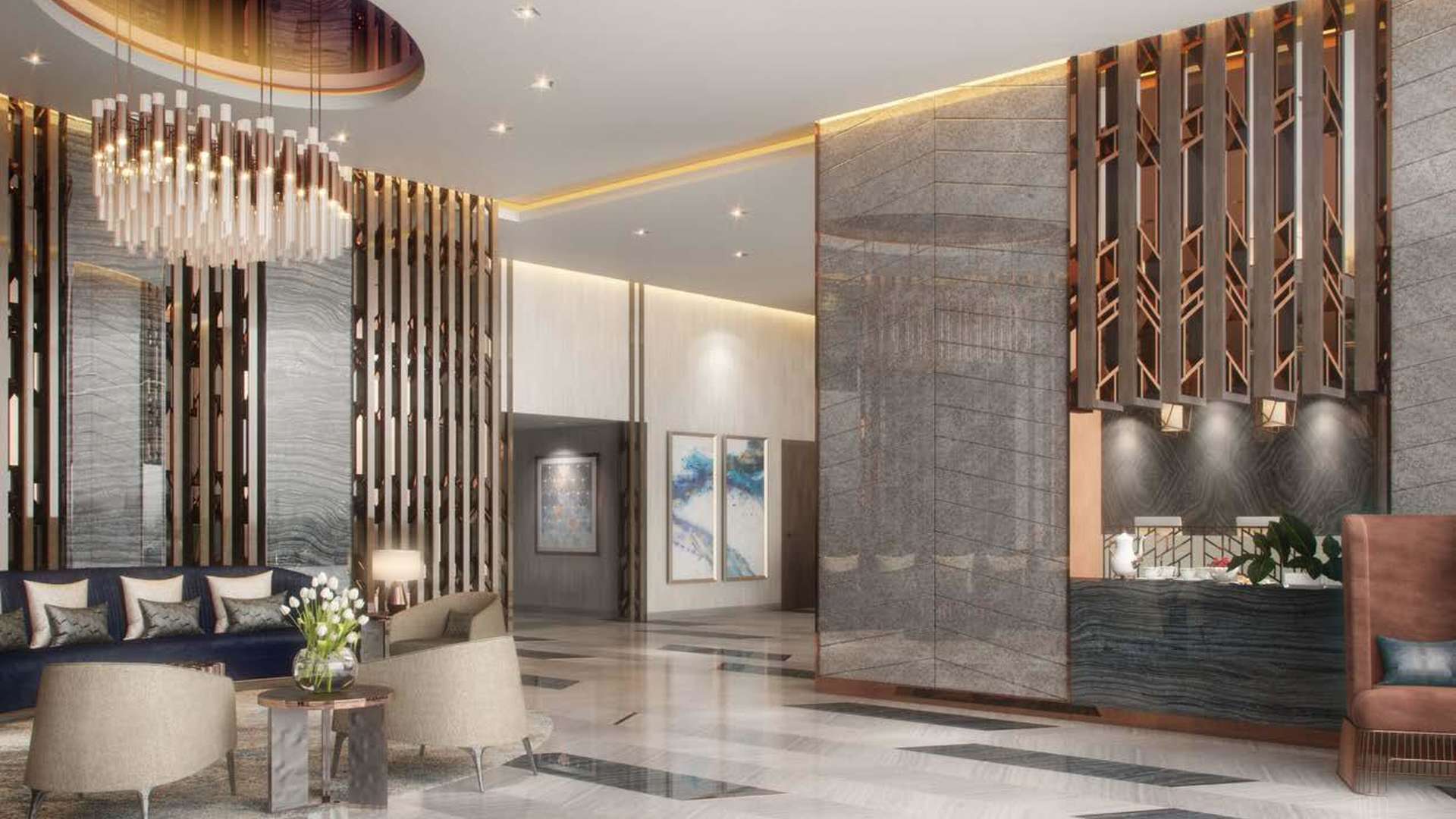 "Radisson Dubai DAMAC Hills apartment building exterior with golf views at dusk.",Luxurious lobby in Radisson Dubai DAMAC Hills serviced apartment, elegant design and decor