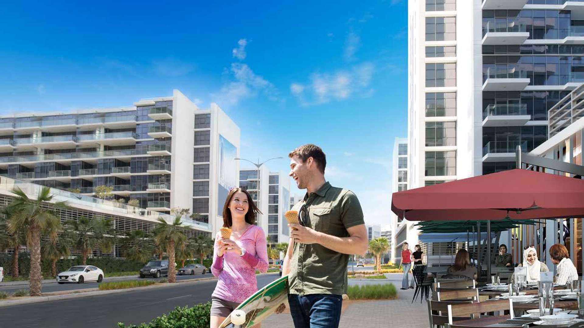 Modern high-rise apartment building at Radisson Dubai DAMAC Hills in Dubailand at night