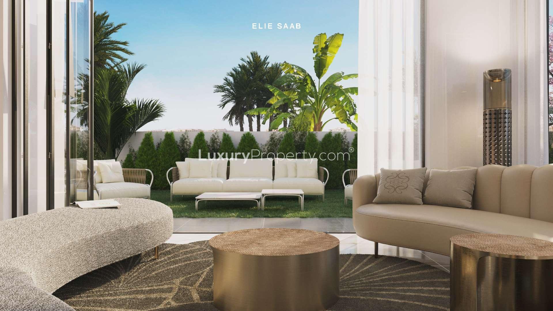 Luxurious Elie Saab Townhouse interior with pool view in Meydan, Mohammed Bin Rashid City