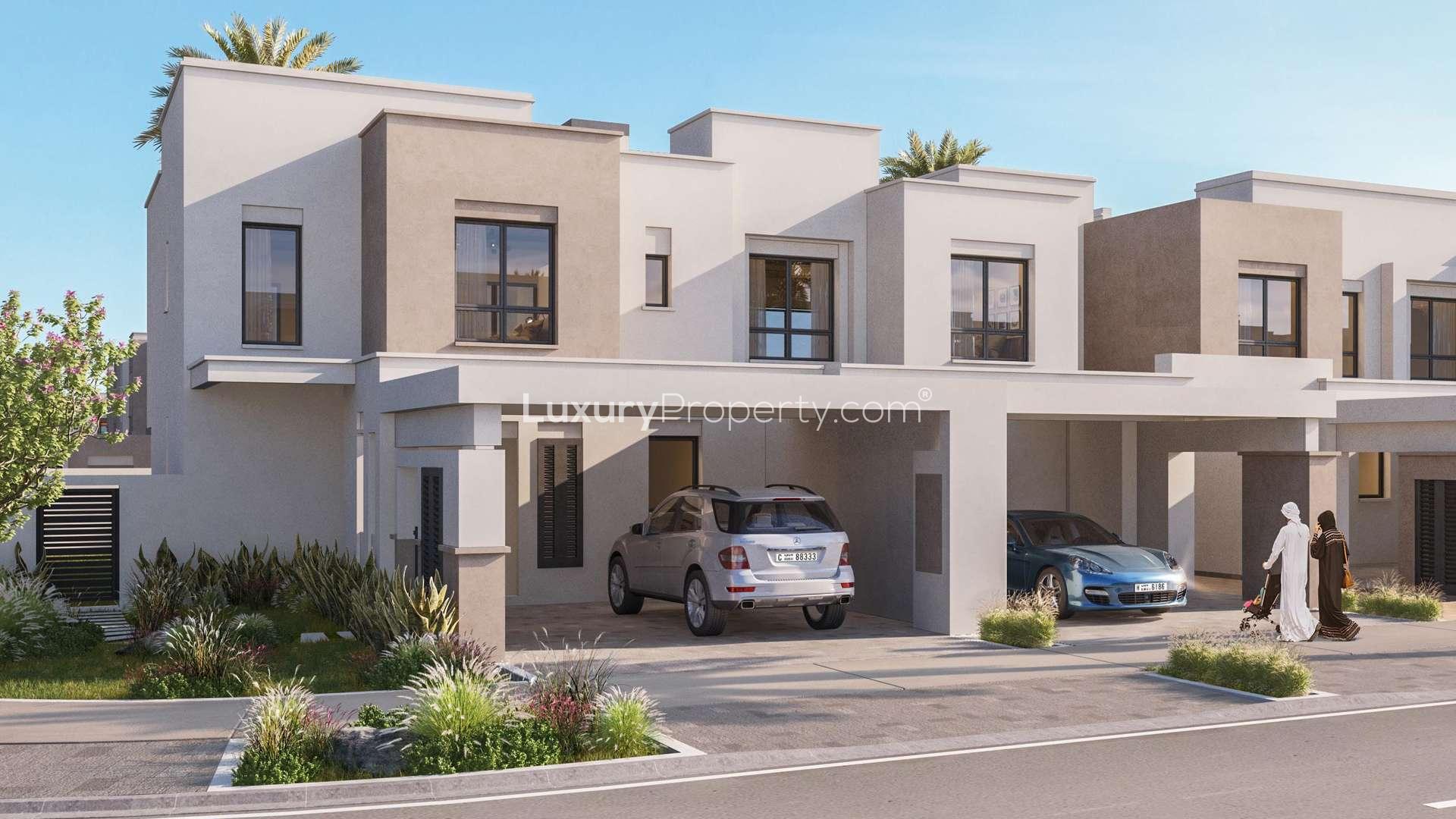 Scenic view of Sama Townhouses community in Dubai with lush landscaping and modern architecture