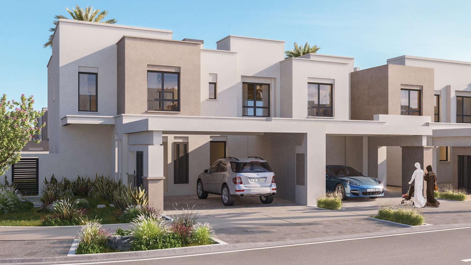Scenic view of Sama Townhouses community in Dubai with lush landscaping and modern architecture
