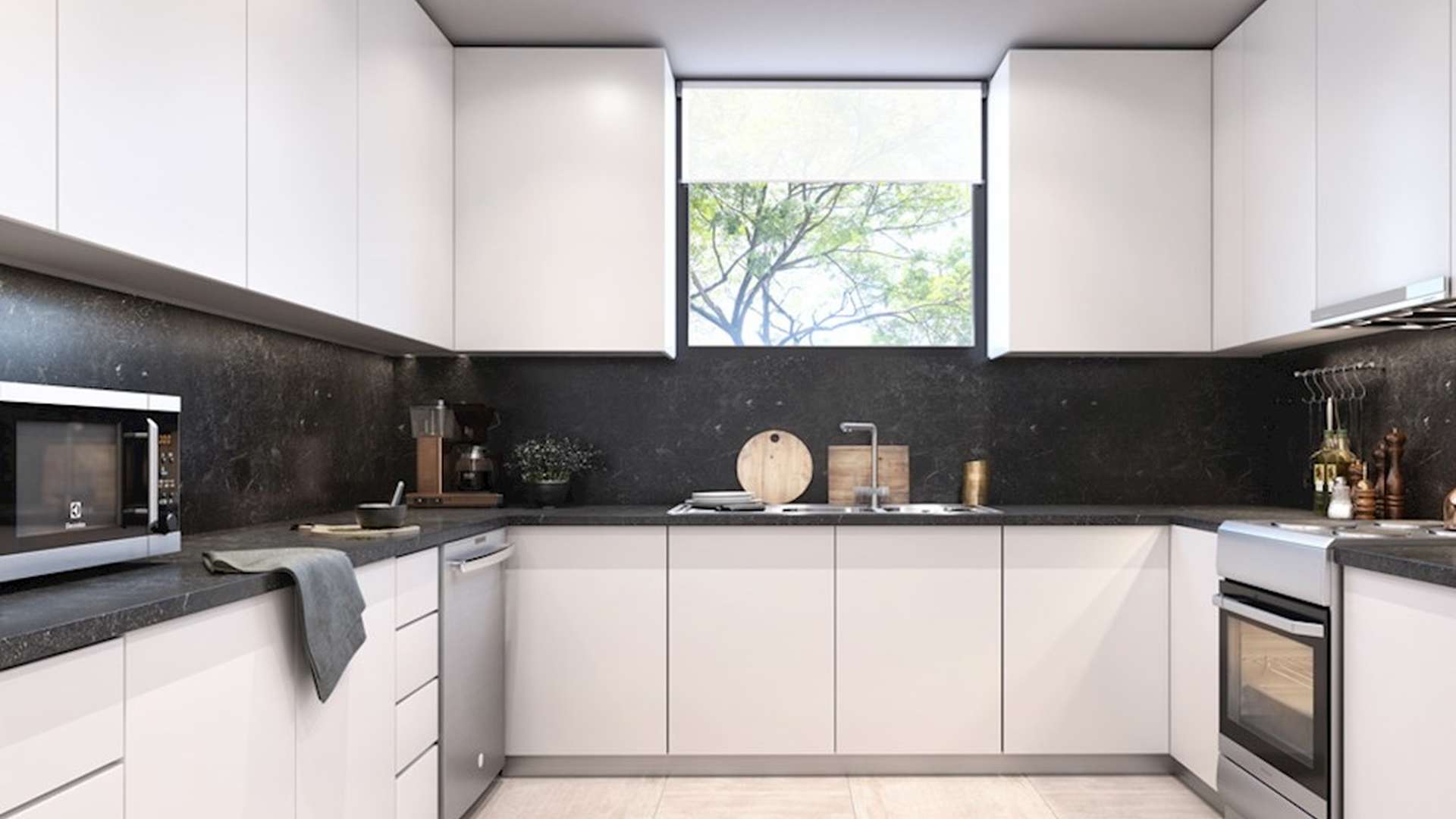 Modern living room and kitchen in Sarab Luxury Townhouse, Aljada, Sharjah for sale