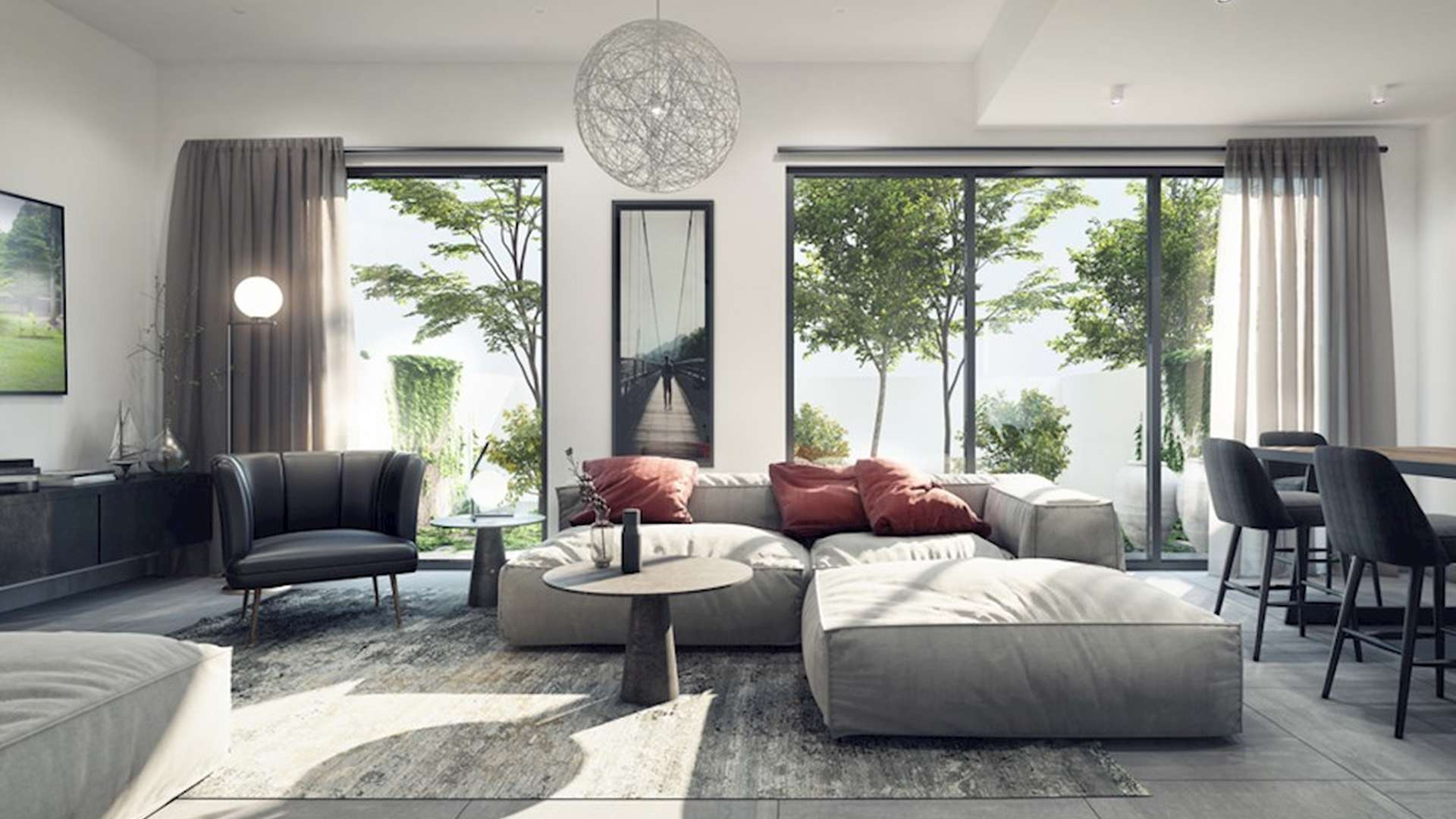 Modern Sarab luxury townhouses in Aljada, Sharjah, featuring sleek architecture and vibrant community life