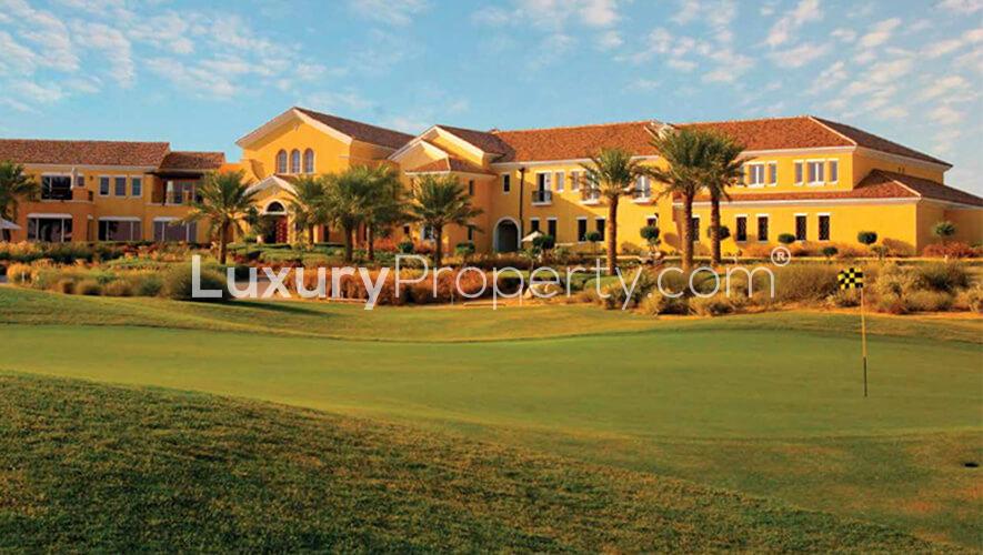 Aseel Villas in Arabian Ranches, spacious patio overlooking lush green landscape, luxury living