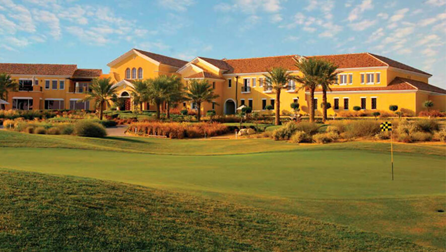 Aseel Villas in Arabian Ranches, spacious patio overlooking lush green landscape, luxury living