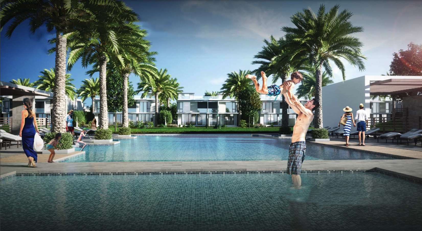 Club Villas at Dubai Hills golf course view, modern villas, palm trees, sunny day