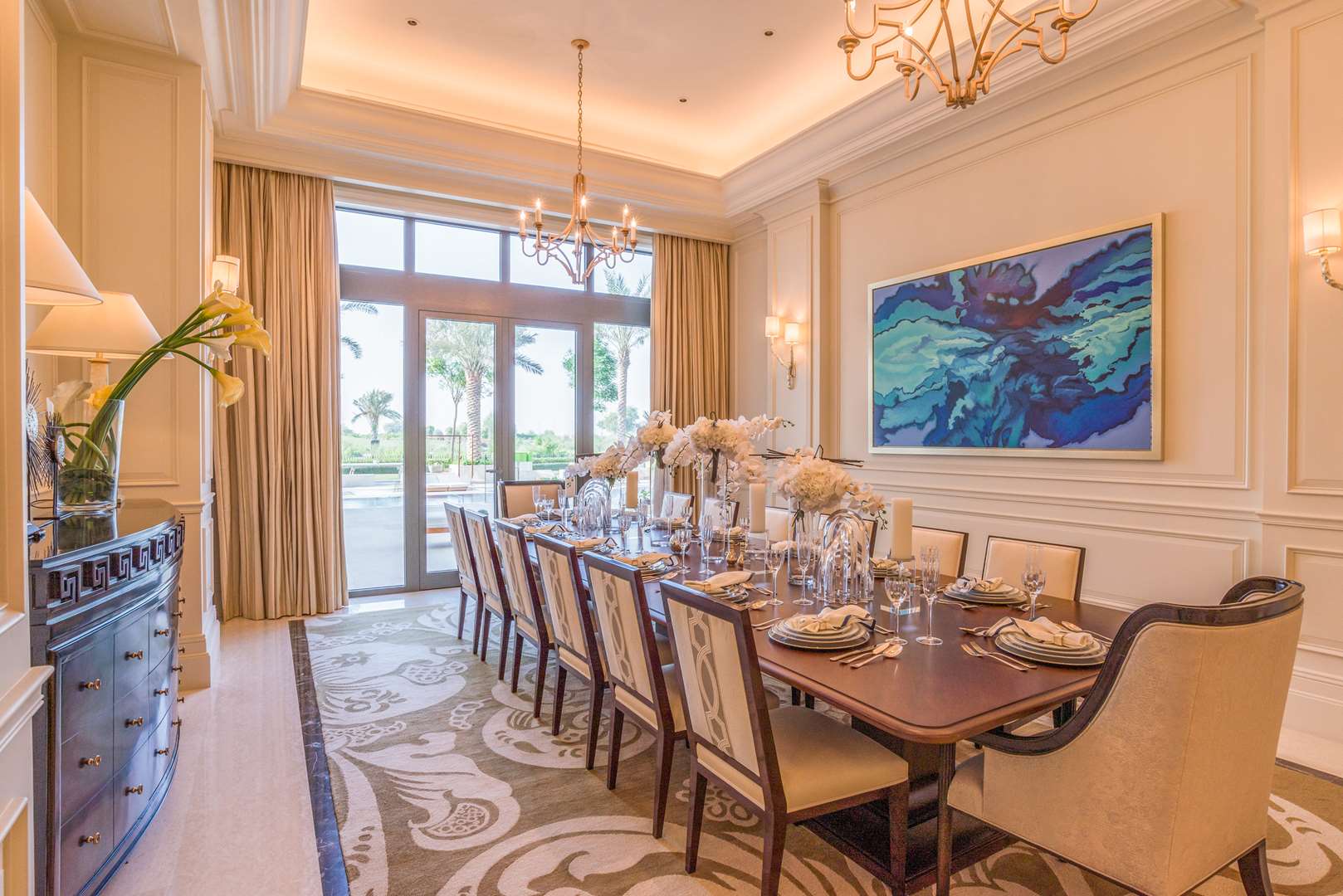Luxurious living room in Dubai Hills Mansion villa for sale, featuring elegant decor