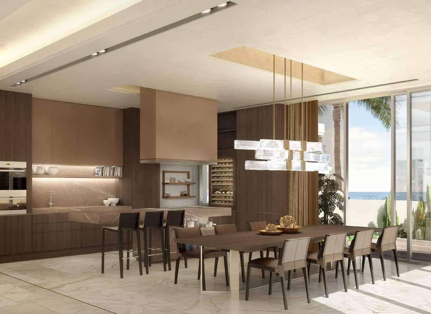 Modern kitchen and dining area in Ellington The Palm villa, Palm Jumeirah, beachfront view