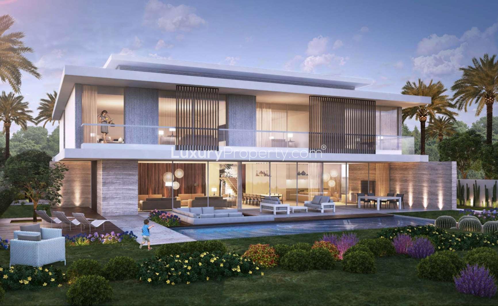 Luxurious Dubai Hills Estate villa interior with scenic views, spacious open-plan living area