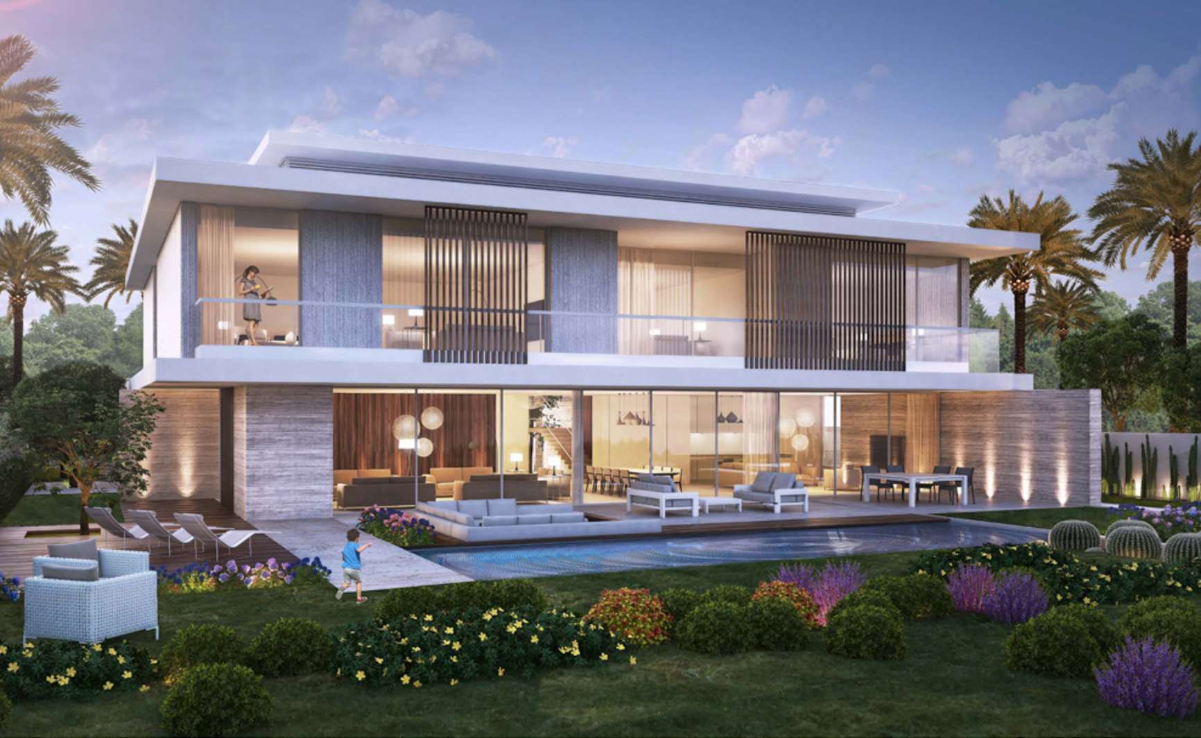 Luxurious Dubai Hills Estate villa interior with scenic views, spacious open-plan living area