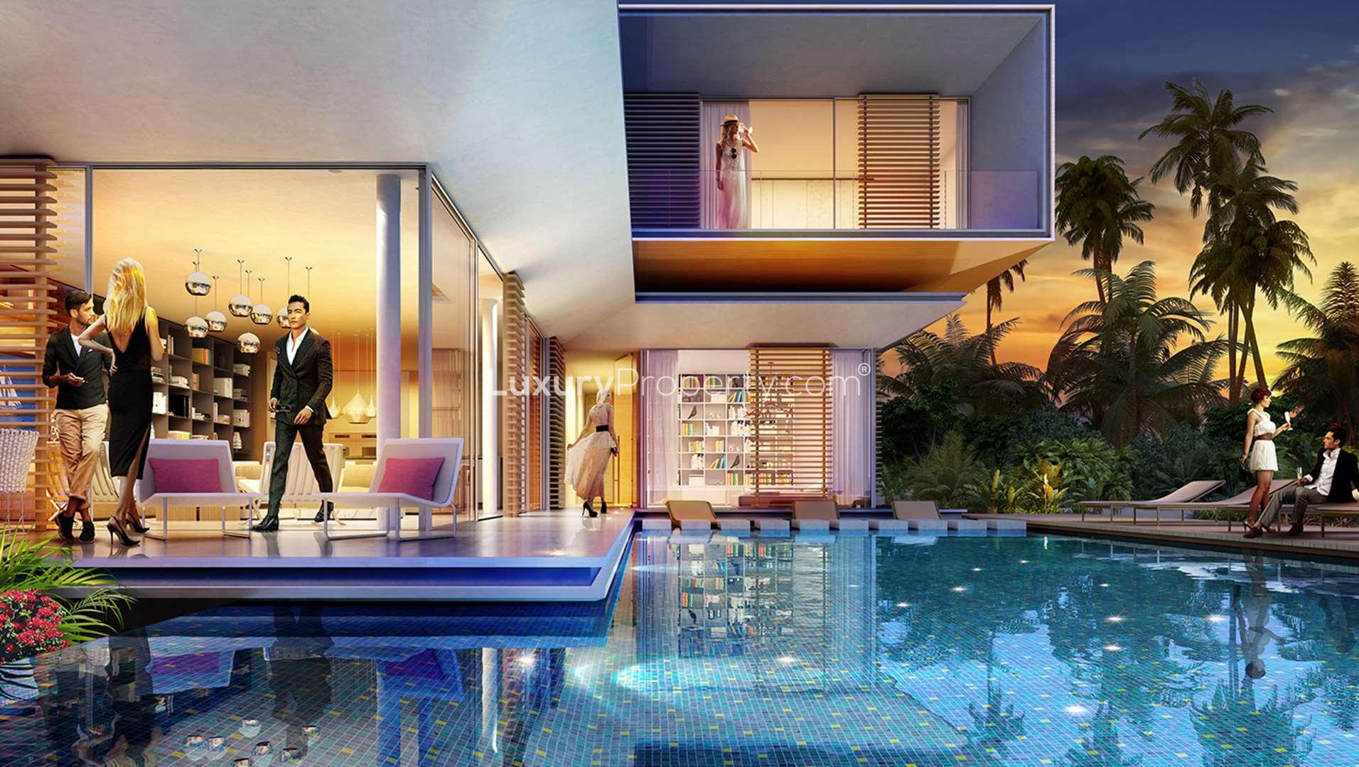 Bauhaus waterfront villa on Germany Island, The World Islands, with modern design and beach view