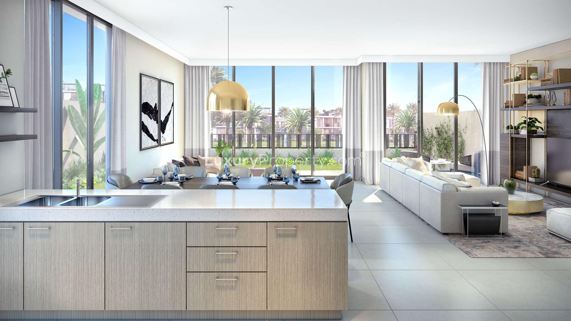 Modern interior of Dubai Hills Estate villa studio with garden view in Golf Grove