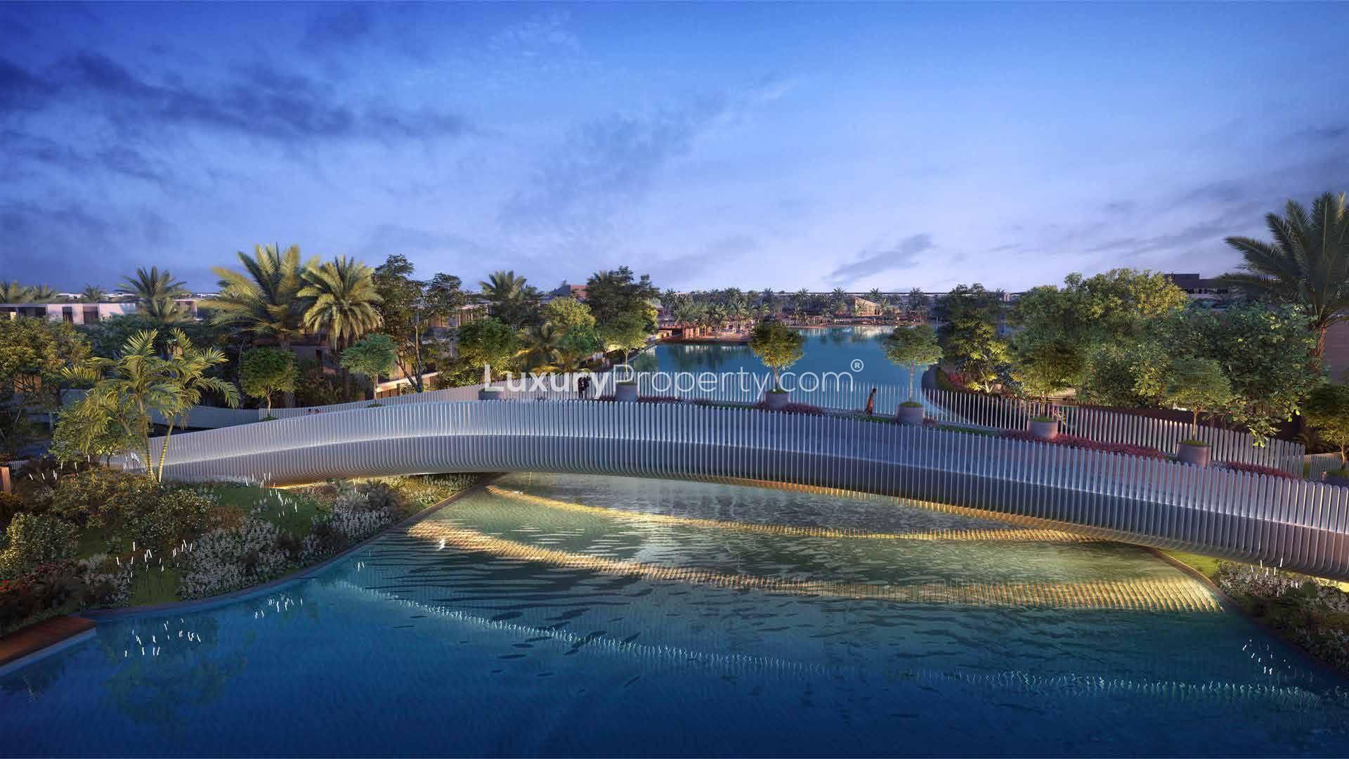 Entrance of Lanai Islands Villa, Tilal Al Ghaf, featuring elegant landscaping and lighting