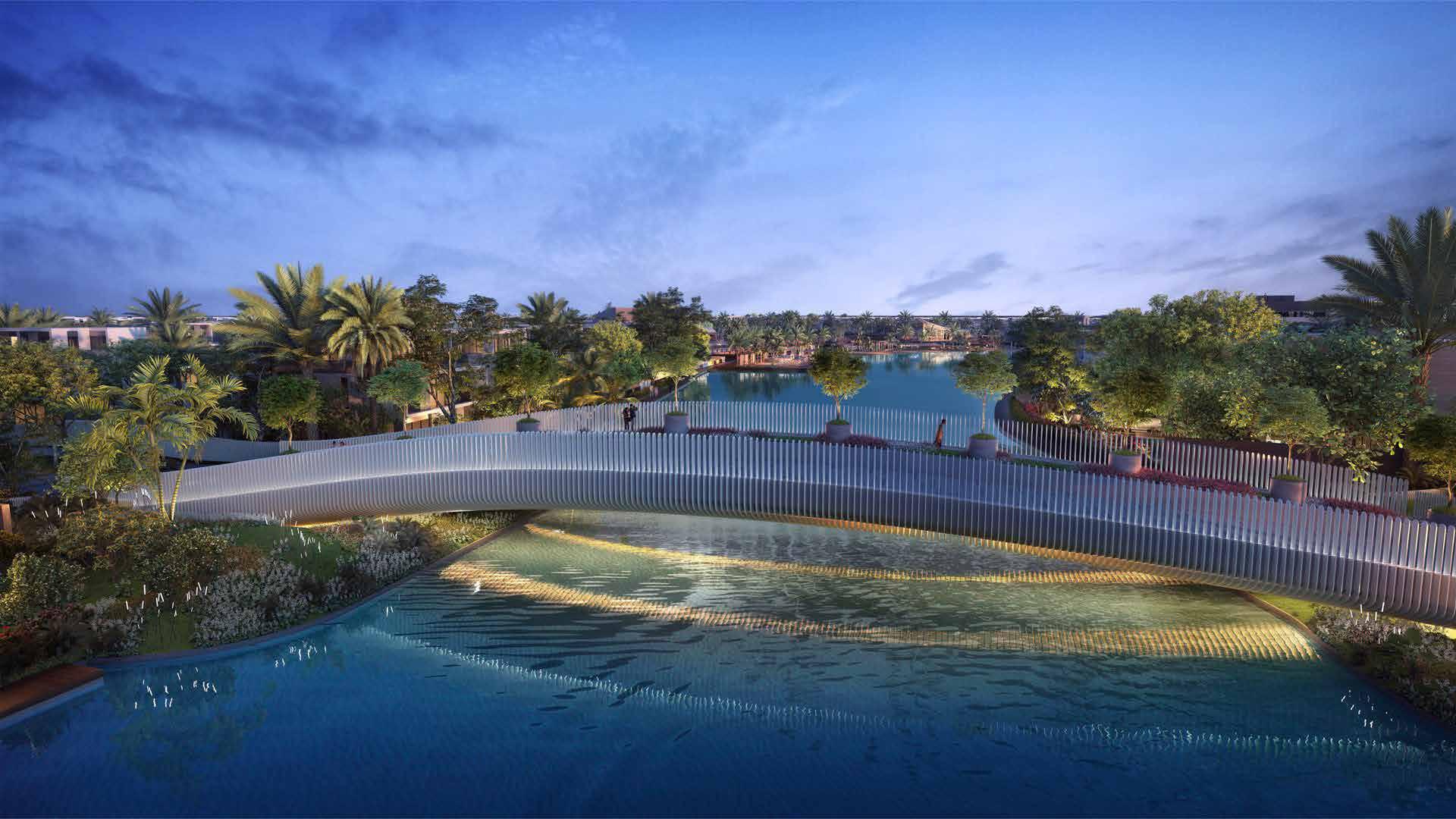 Entrance of Lanai Islands Villa, Tilal Al Ghaf, featuring elegant landscaping and lighting