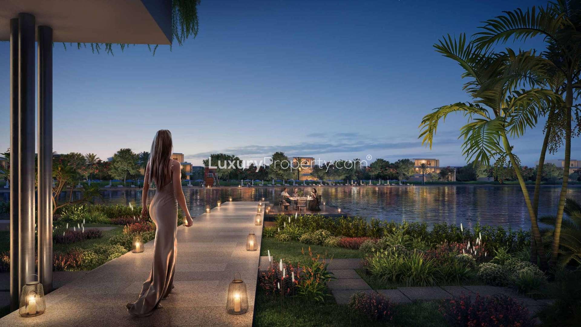 Lanai Islands villa view with serene water and lush greenery in Tilal Al Ghaf