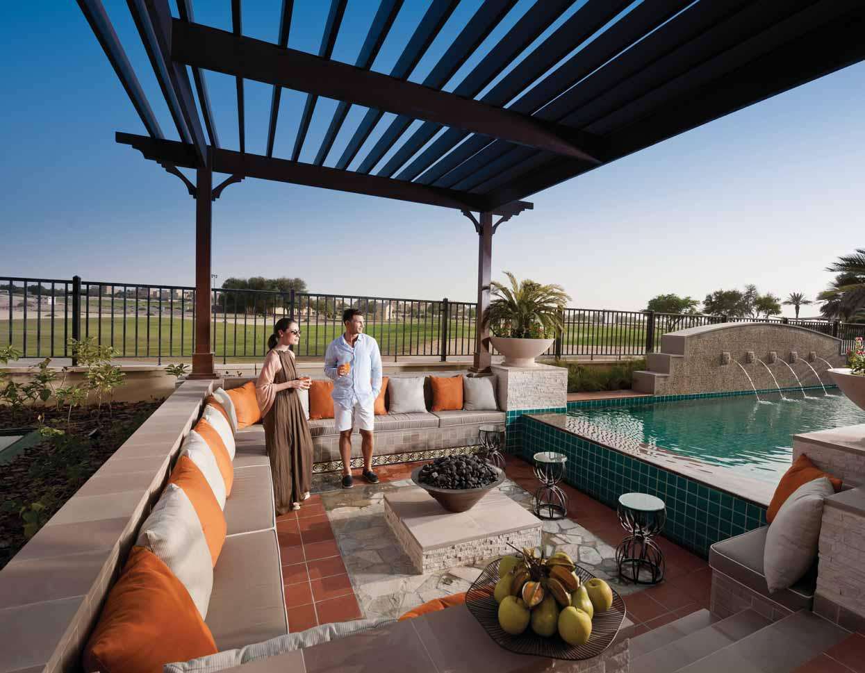 Luxurious living room in La Avenida Villa, Arabian Ranches, with elegant decor and seating