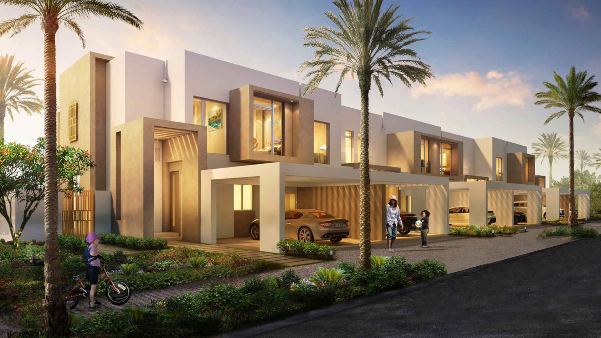 Modern villas in Reem Community, Arabian Ranches 2, featuring contemporary architecture and lush surroundings