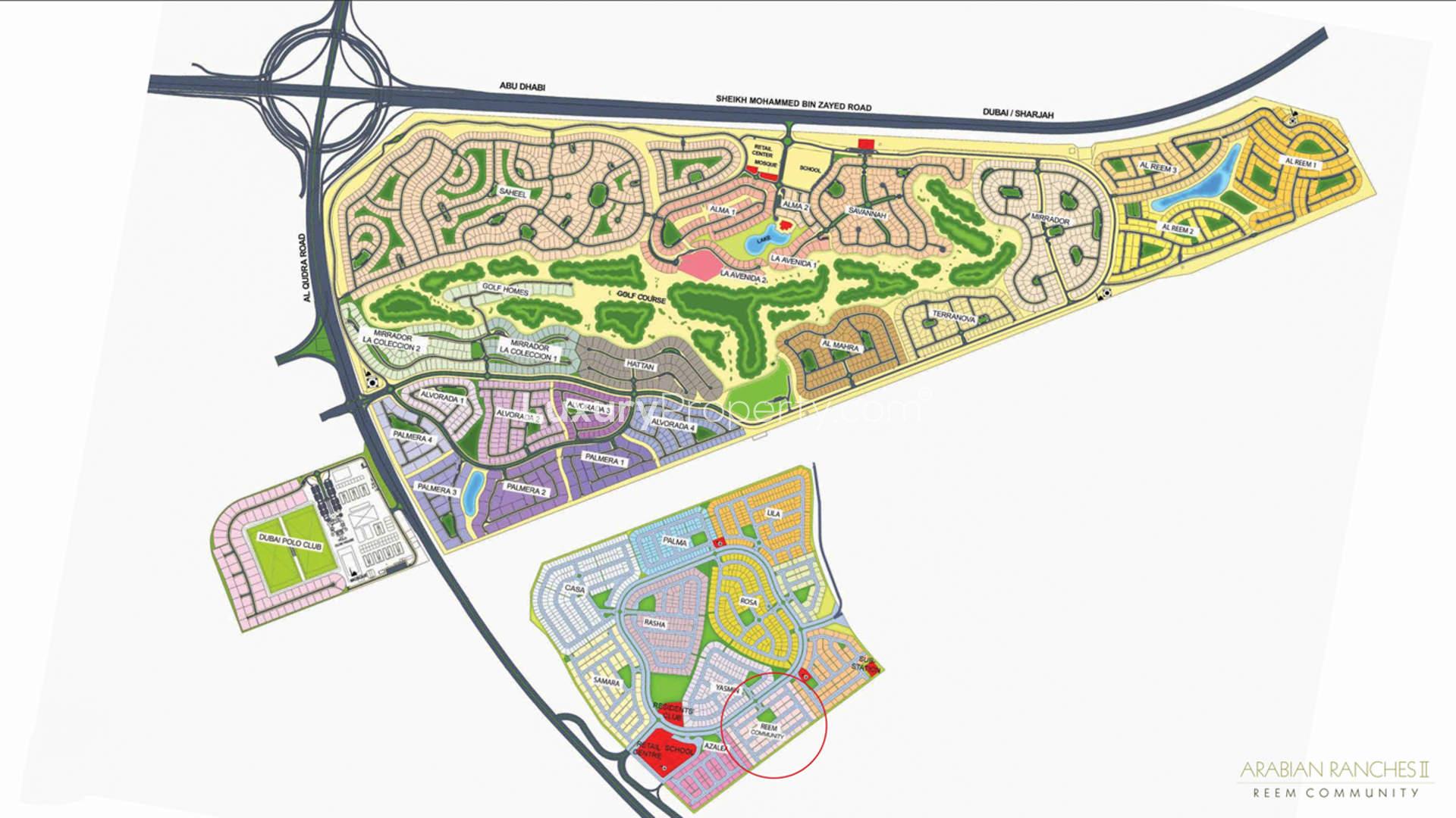 "Layout of Reem Community villas in Arabian Ranches 2, showcasing residential plots and greenery.",Map of Reem Community, Arabian Ranches 2, highlighting residential villa layout