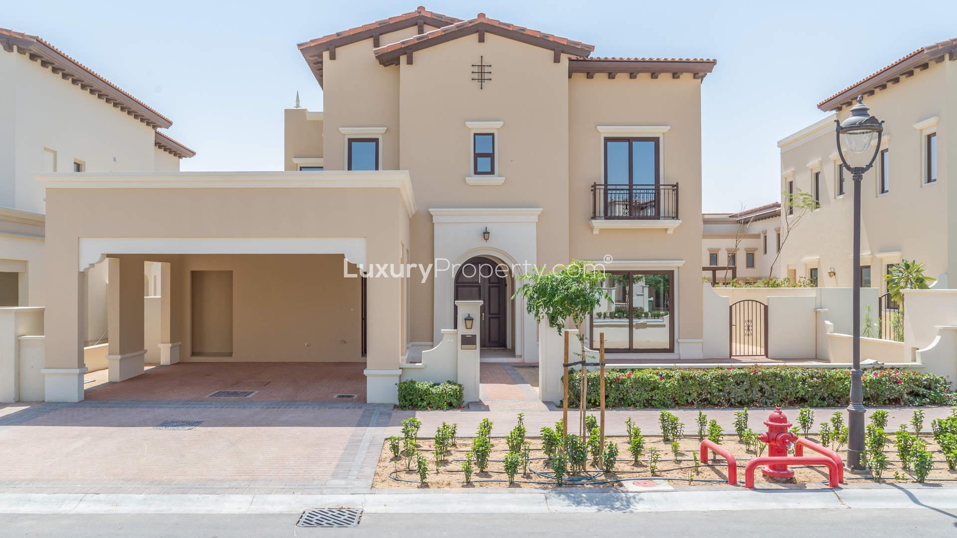 Spanish-style luxury villa exterior in Rosa, Arabian Ranches 2, available for sale