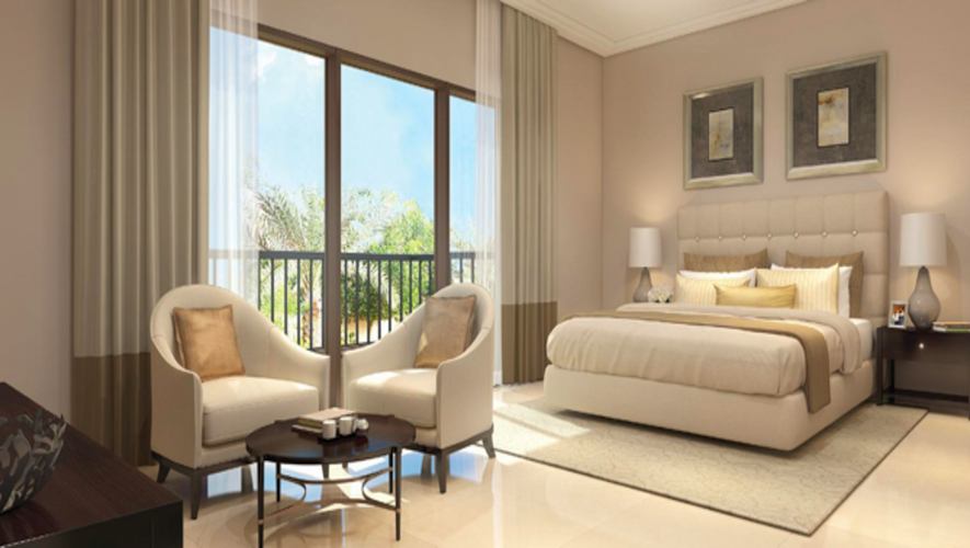 "Samara Residences villa exterior in Arabian Ranches 2, Dubai, with carport and palm trees.",Studio villa interior at Samara Residences, Arabian Ranches 2, Dubai, for sale