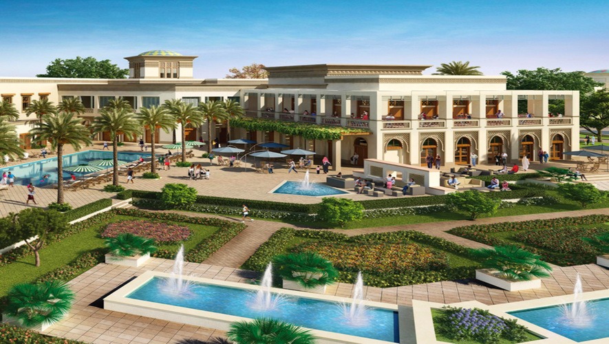 Exterior view of Samara Residences villa, Arabian Ranches 2, lush gardens and pool area.