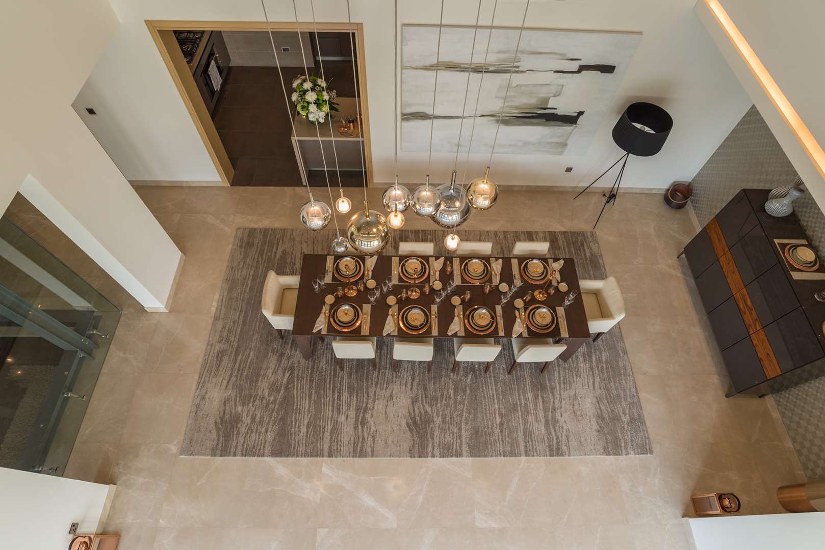 "Luxurious villa with modern pool at Sobha Hartland, MBR City, for sale.",Luxurious dining area in Sobha Hartland villa at MBR City, elegant modern design