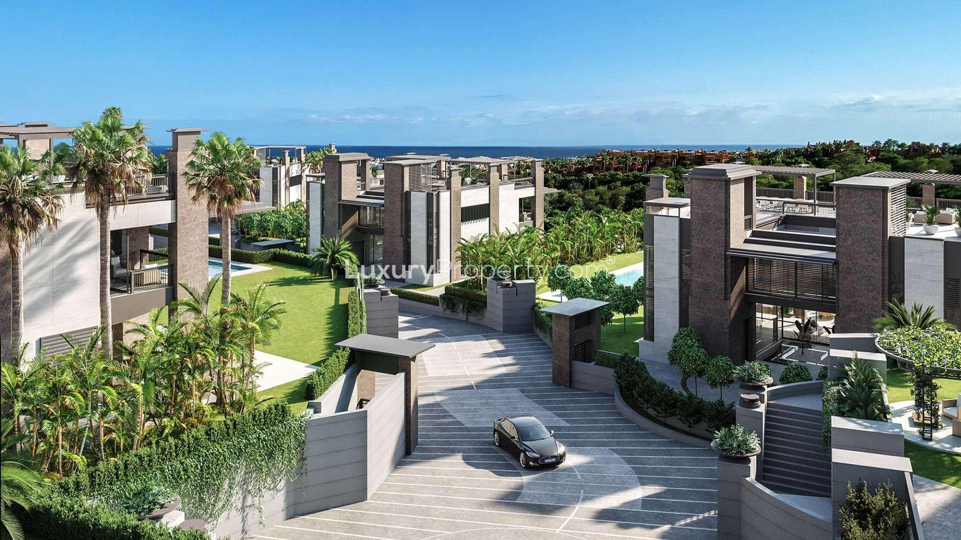 Luxury villa in Marbella with private pool, lush garden, modern architecture, spacious terrace