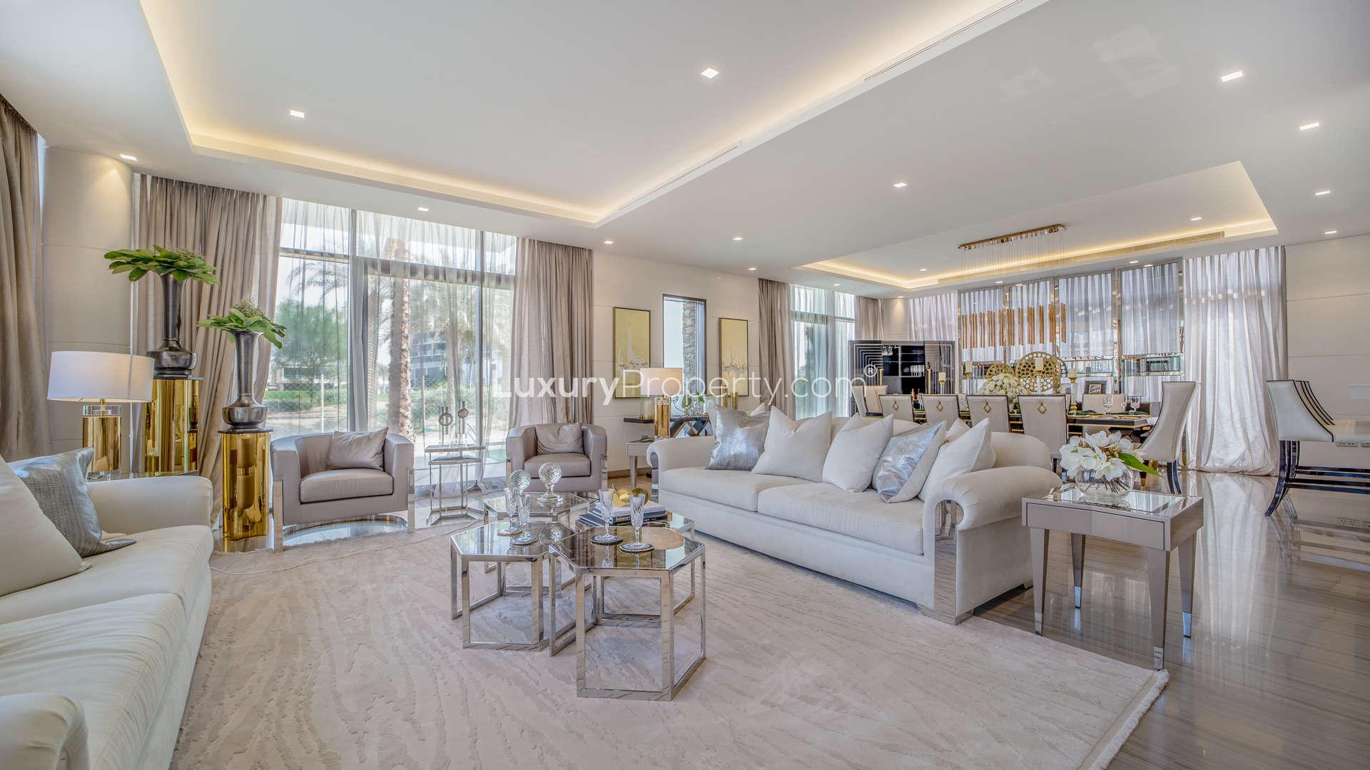 Luxurious studio villa bedroom at Trump Estate, Damac Hills, with elegant decor and scenic views