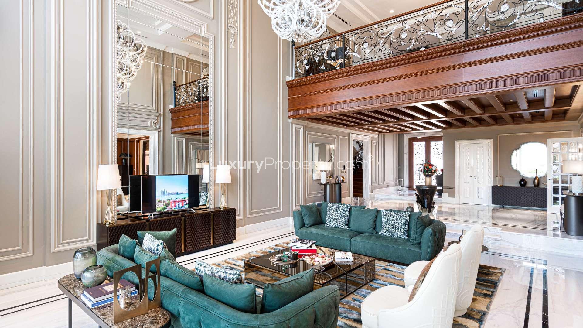 Luxurious marble bathroom in XXII Carat villa, Palm Jumeirah, with elegant gold accents