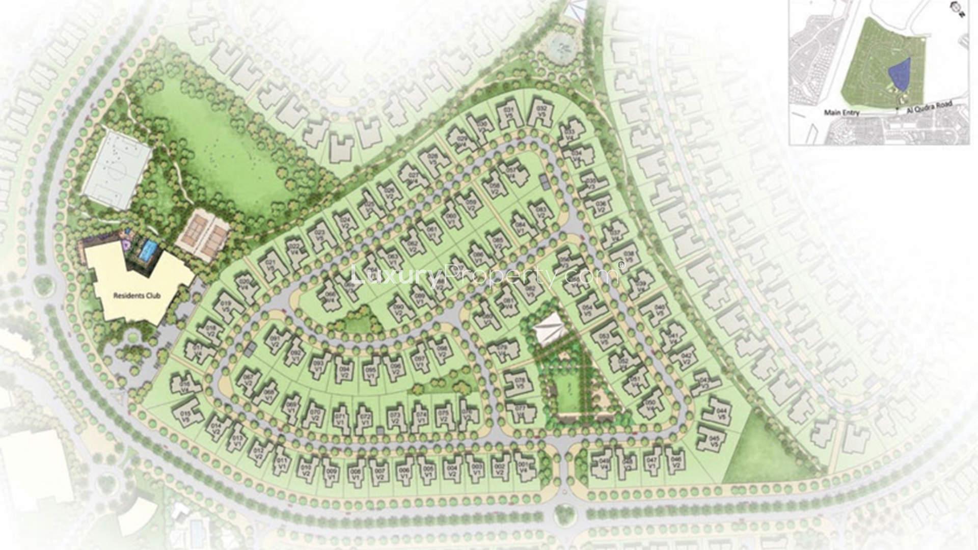 "Yasmin sign at Arabian Ranches 2 villa community entrance, lush greenery surrounds.",Master plan of Yasmin community in Arabian Ranches 2, showcasing villa layout and amenities